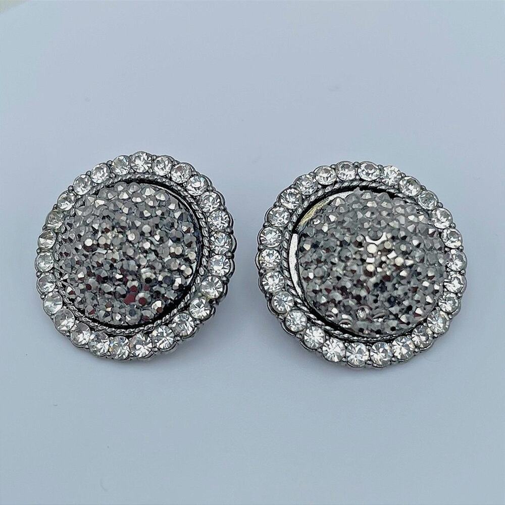 Vintage 90s Clear Rhinestone Dome Button Earrings Women's Classic Jewelry Y2K